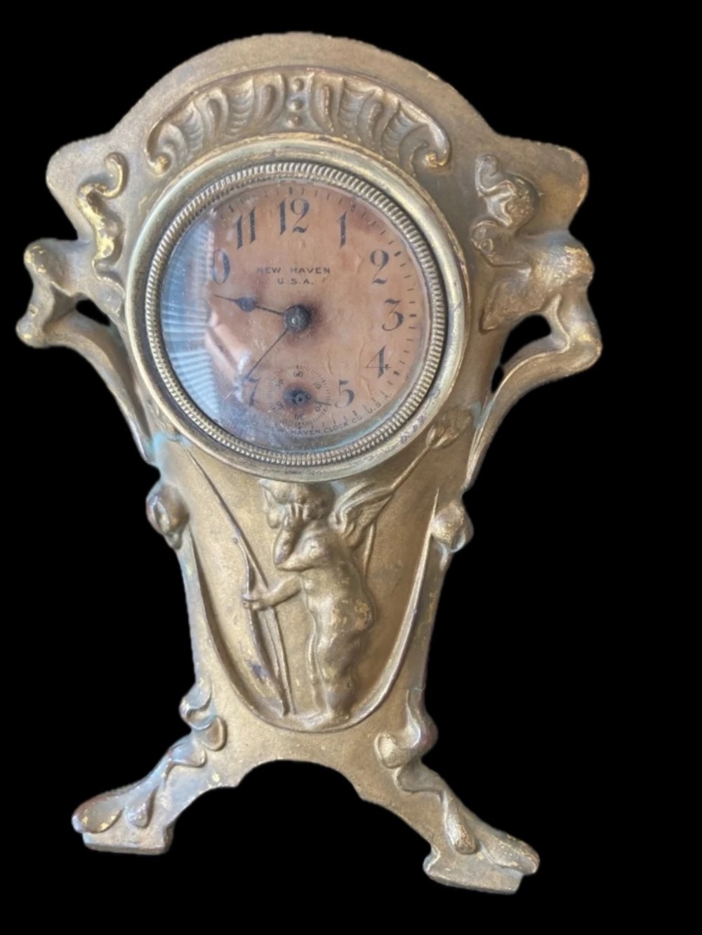 Antique Art Nouveau New Haven Figural Clock – Eros Cupid Mantel / Boudoir Clock